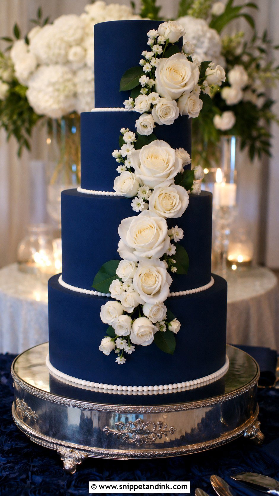 Navy Blue Wedding Cake With White Flowers - Snippet and Ink - 20 Blue Wedding Cake Ideas