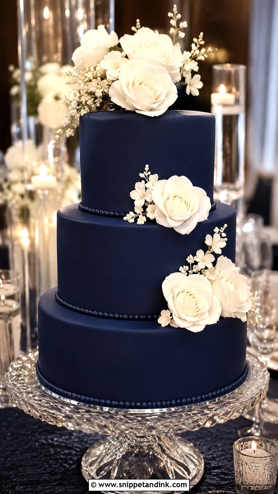 Navy Blue Wedding Cake With White Roses - Snippet and Ink - 20 Dark Blue and White Cake Ideas for Wedding