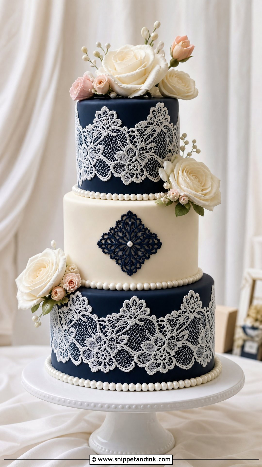 Navy Lace Wedding Cake - Snippet and Ink - 25 Navy Cake Ideas for Wedding