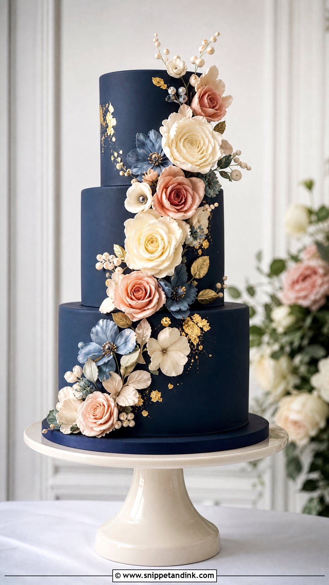Navy Sugar Flower Wedding Cake - Snippet and Ink - 25 Navy Cake Ideas for Wedding