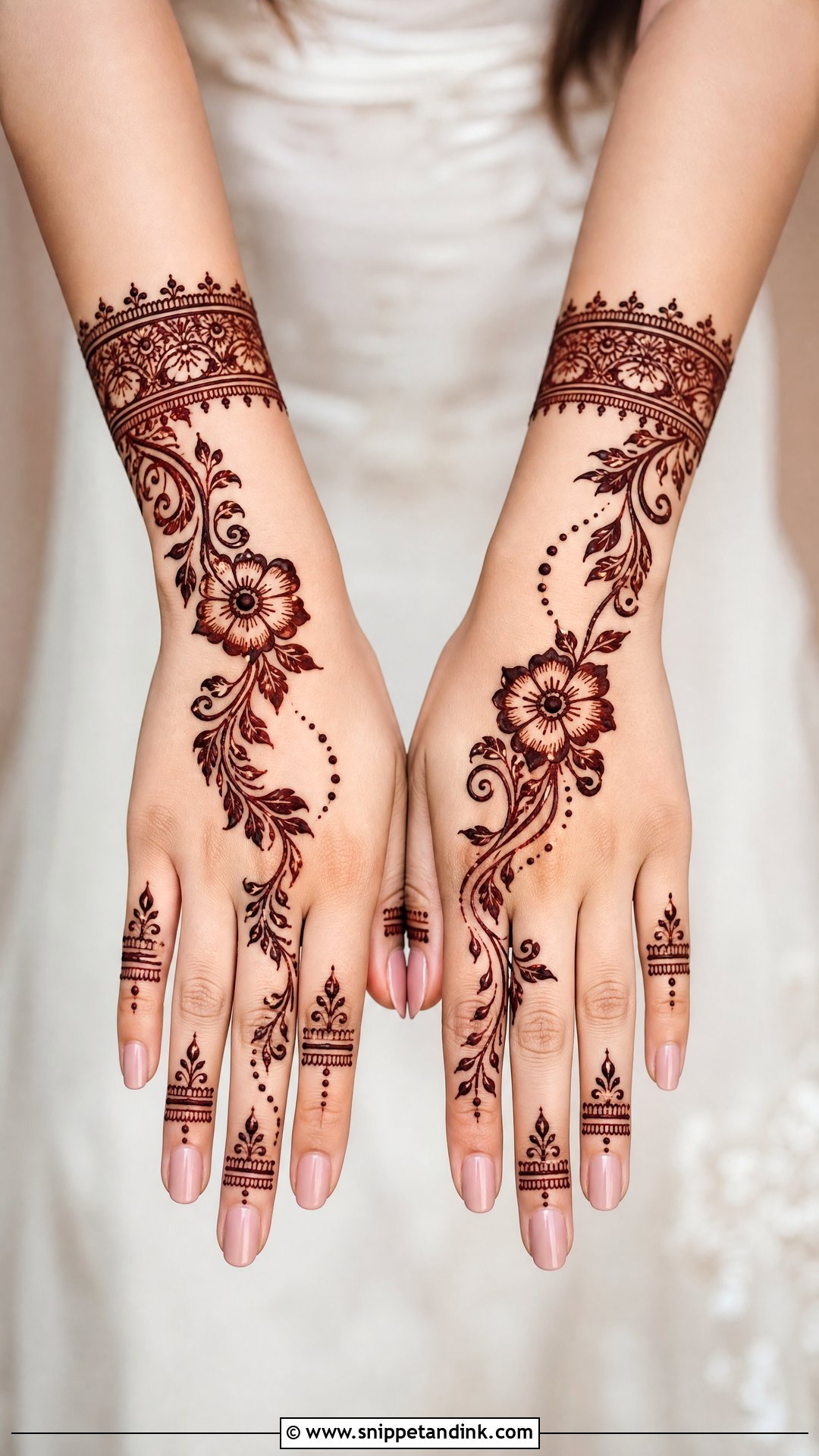 Negative Space Bridal Back Hand Mehndi Design - Snippet and Ink - 30 Bridal Back Hand Mehndi Design Ideas