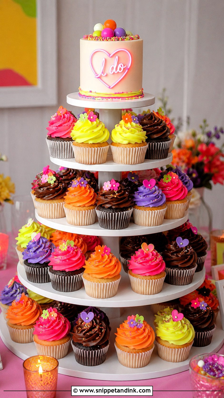 Neon Cupcake Wedding Cake - Snippet and Ink - 35 Neon Wedding Cake Ideas