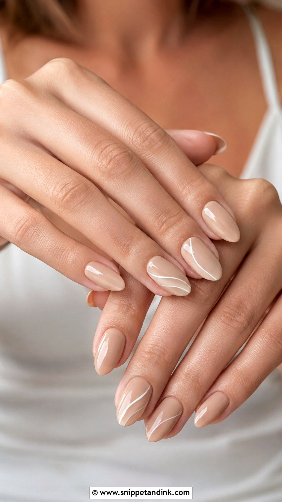 Neutral Bridesmaid Nails With White Lines - Snippet and Ink - 30 Neutral Bridesmaid Wedding Nails