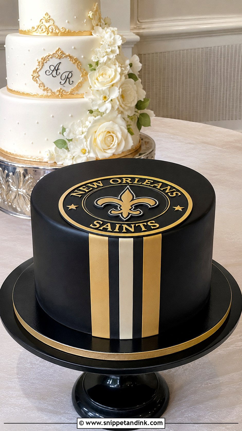 New Orleans Wedding Cake With Saints Groom Cake - Snippet and Ink - 25 New Orleans Wedding Cake Ideas