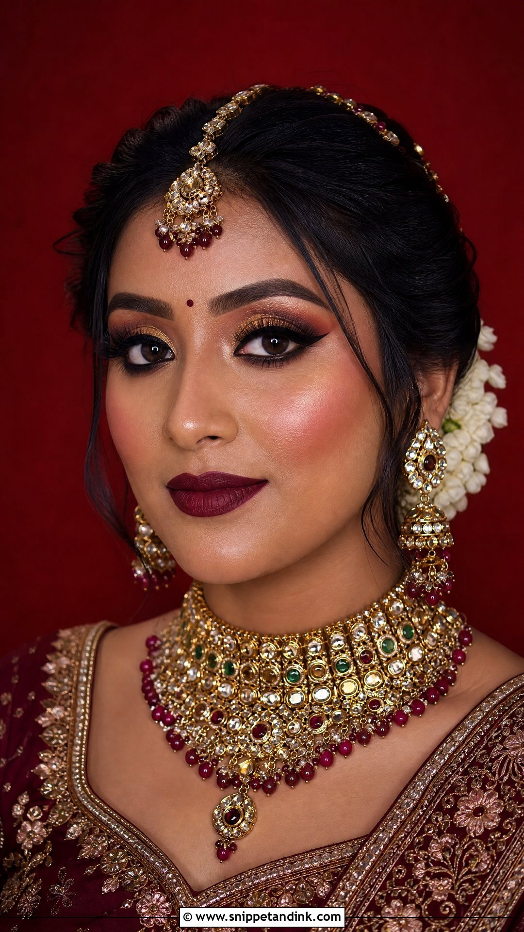 North Indian Bridal Makeup With Maroon Lip - Snippet and Ink - 20 Indian Bridal Makeup for Dark Skin Ideas