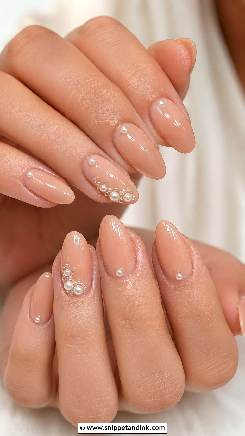 Nude Acrylic Bridal Nails With Pearl Details - Snippet and Ink - 20 Acrylic Bridal Wedding Nails