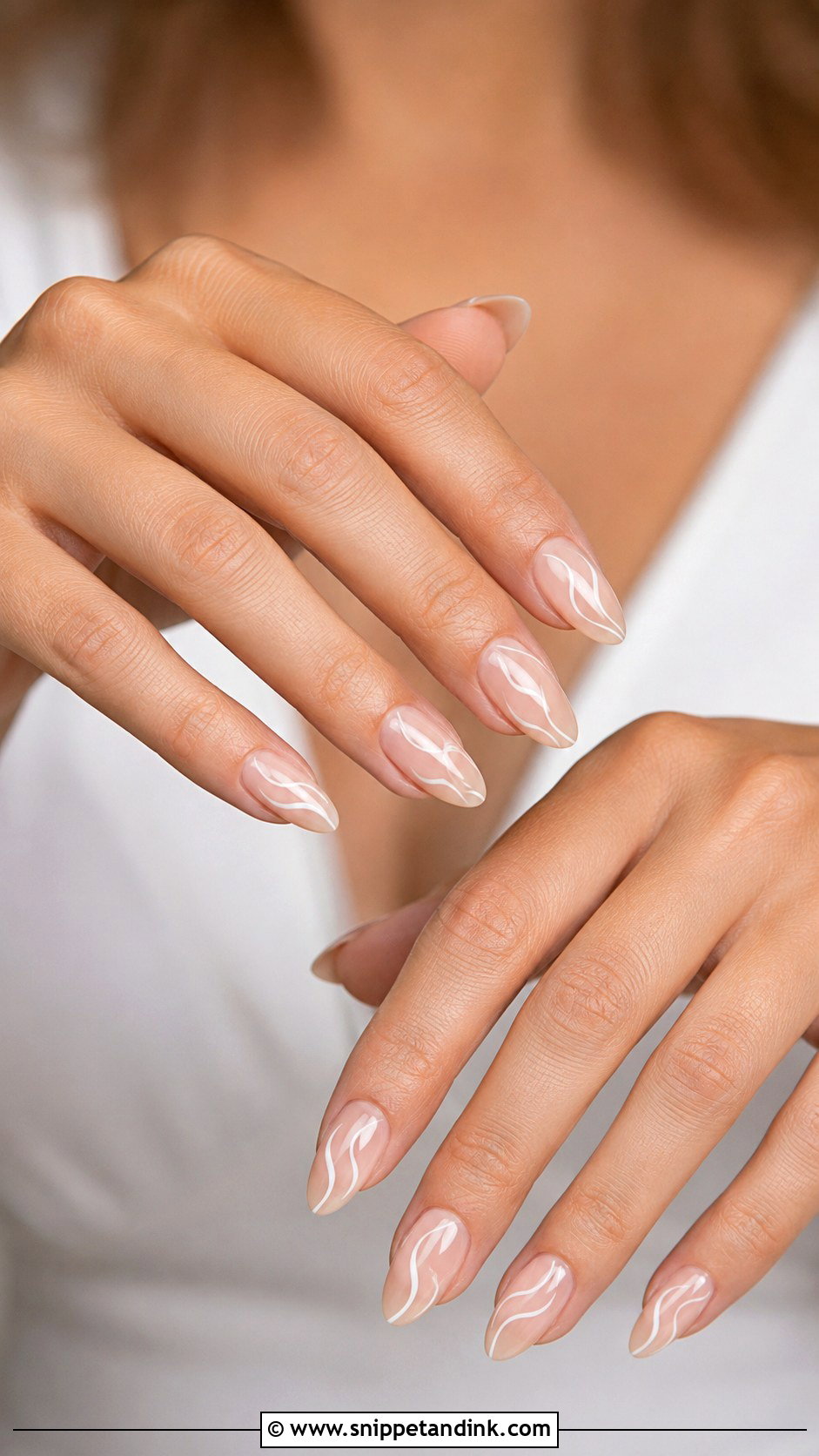 Nude Acrylic Bridesmaid Nails With White Swirls - Snippet and Ink - 20 Acrylic Bridesmaid Wedding Nails