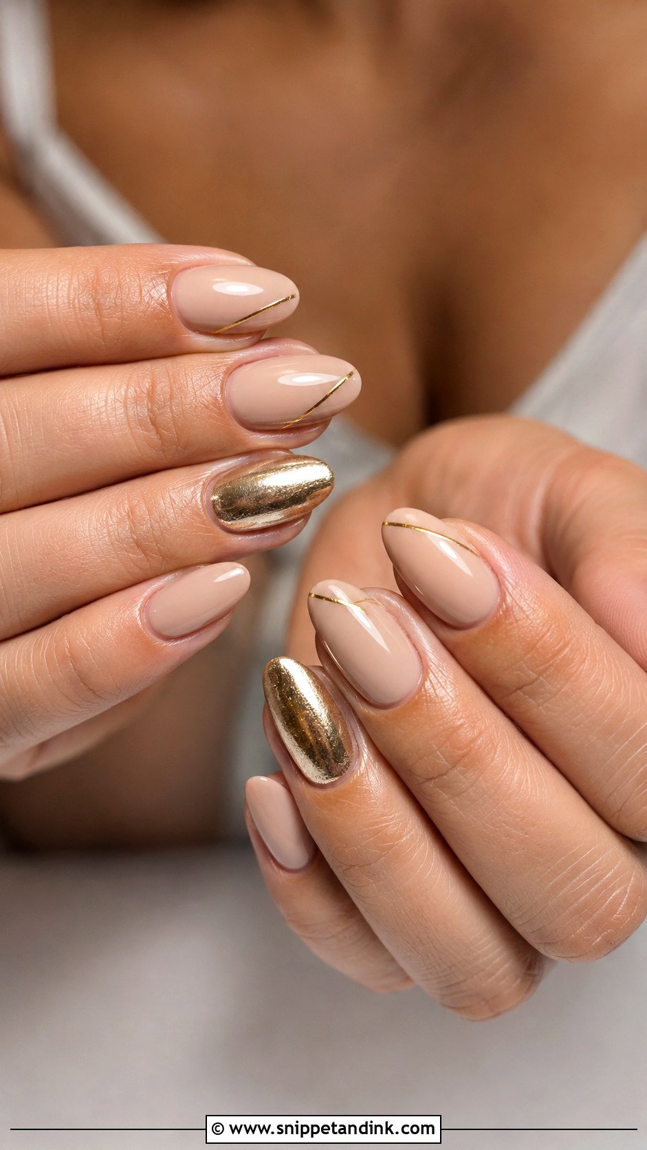 Nude Almond Nails With Gold Accent - Snippet and Ink - 30 Wedding Guest Nails Ideas