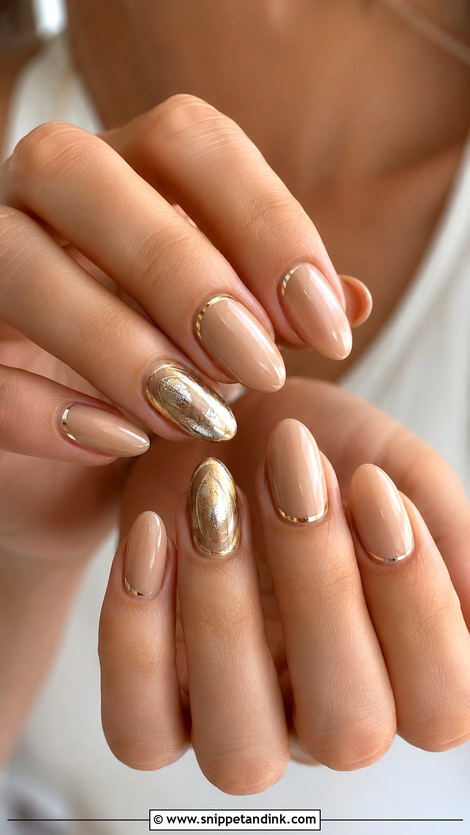 Nude Almond Nails With Gold Accent - Snippet and Ink - 20 Nail Inspo for Wedding Guest Ideas