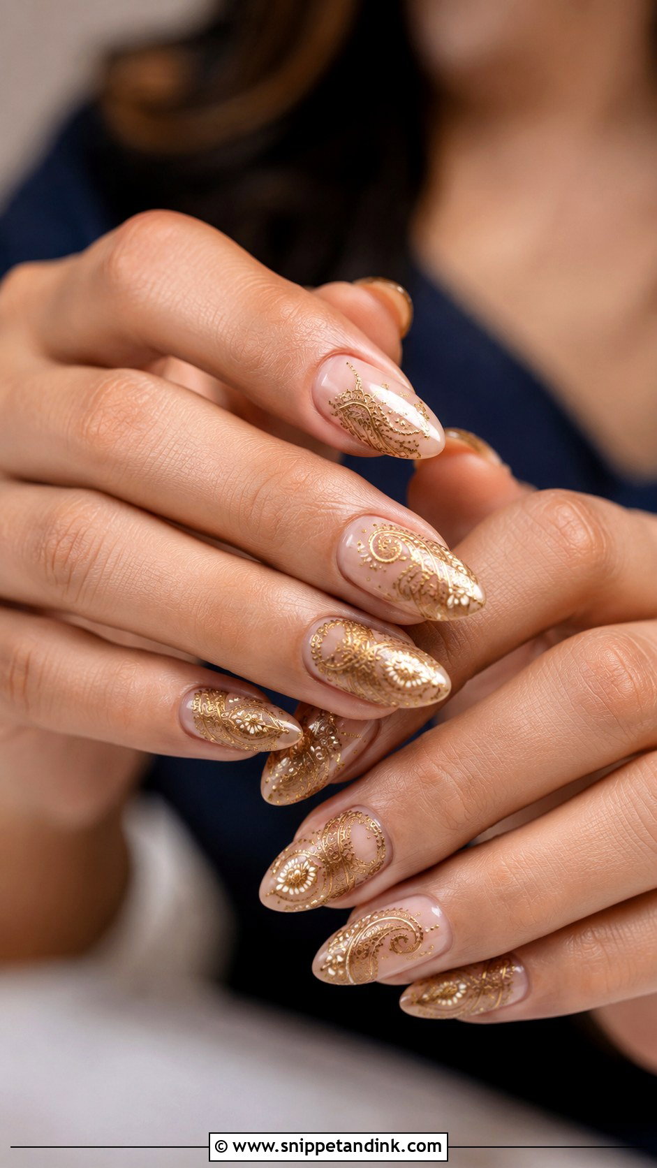 Nude And Gold Indian Bridal Nails - Snippet and Ink - 20 Indian Golden Bridal Nail Art Ideas
