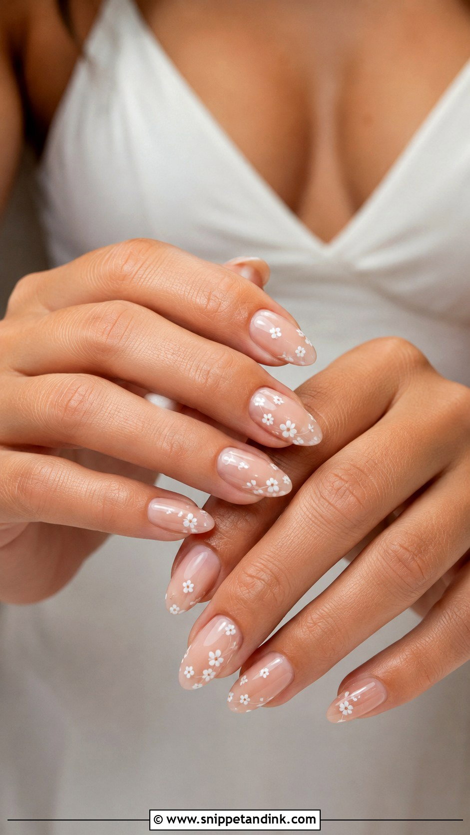Nude Bridal Nails With White Flowers - Snippet and Ink - 20 Nail Art for Bridal Ideas