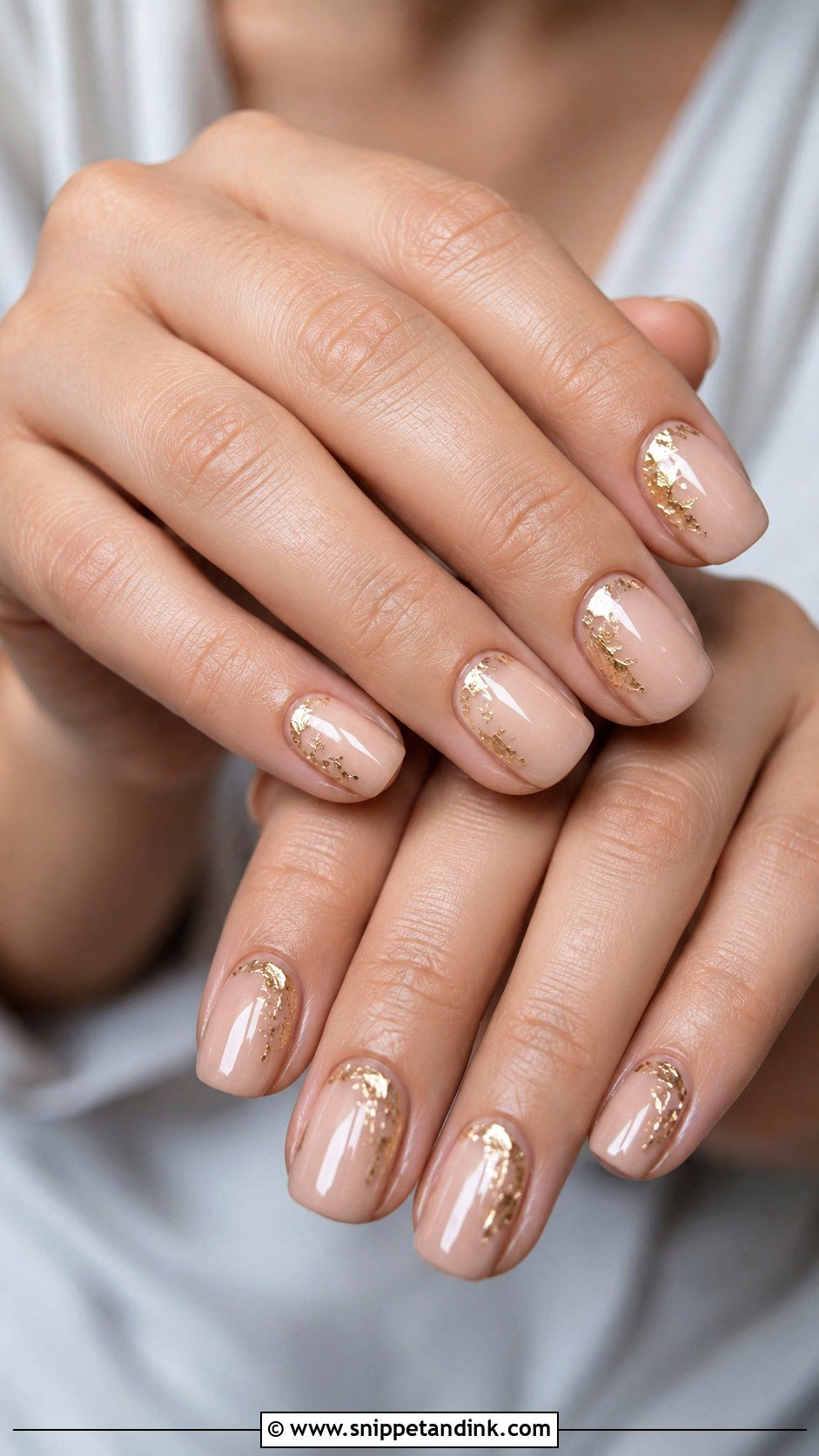 Nude Nails With Gold Foil For Wedding Guest - Snippet and Ink - 20 Spring Wedding Guest Nails
