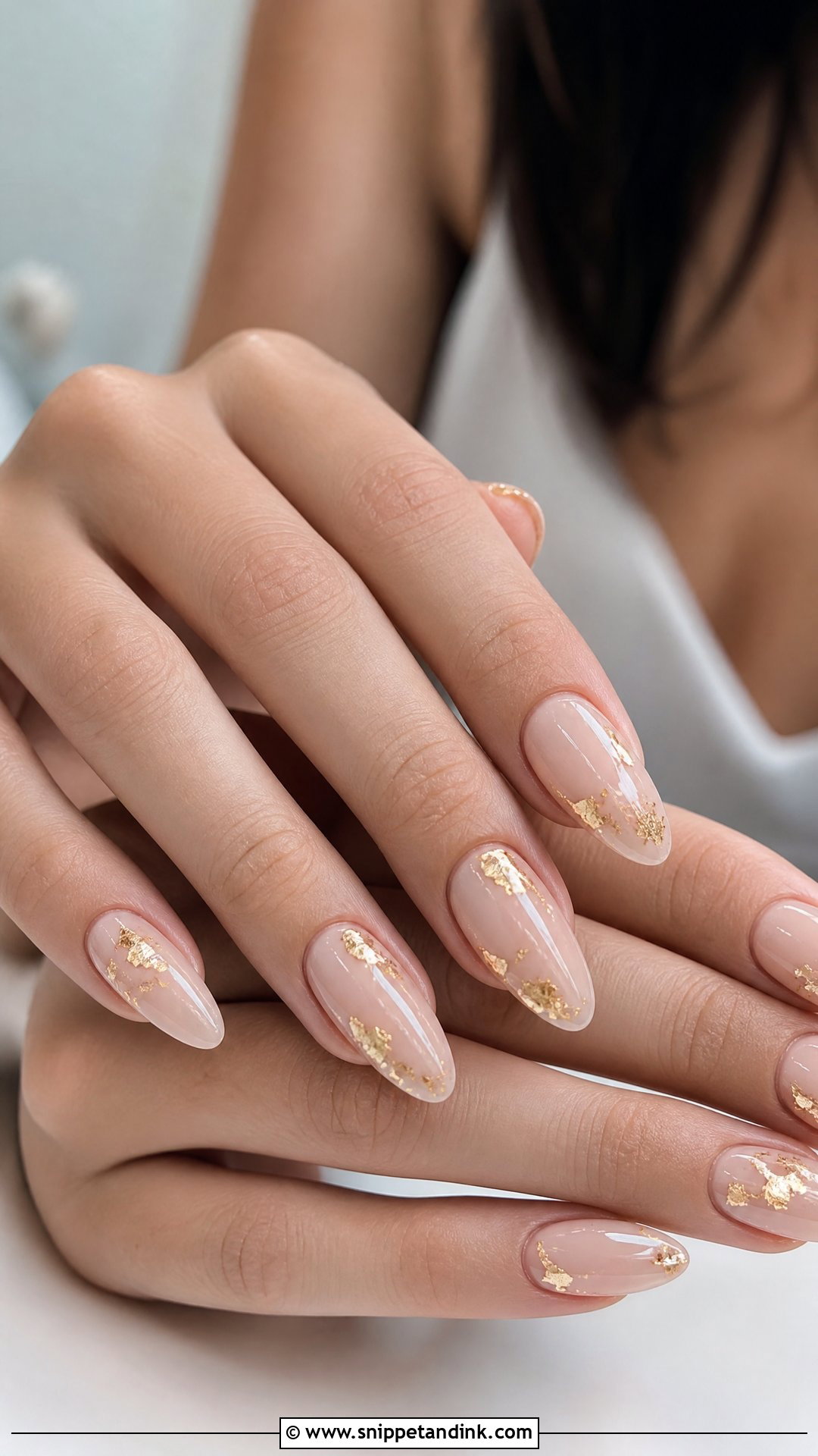 Nude Nails With Gold Foil Wedding Guest Nails - Snippet and Ink - 25 Wedding Guest Nail Ideas