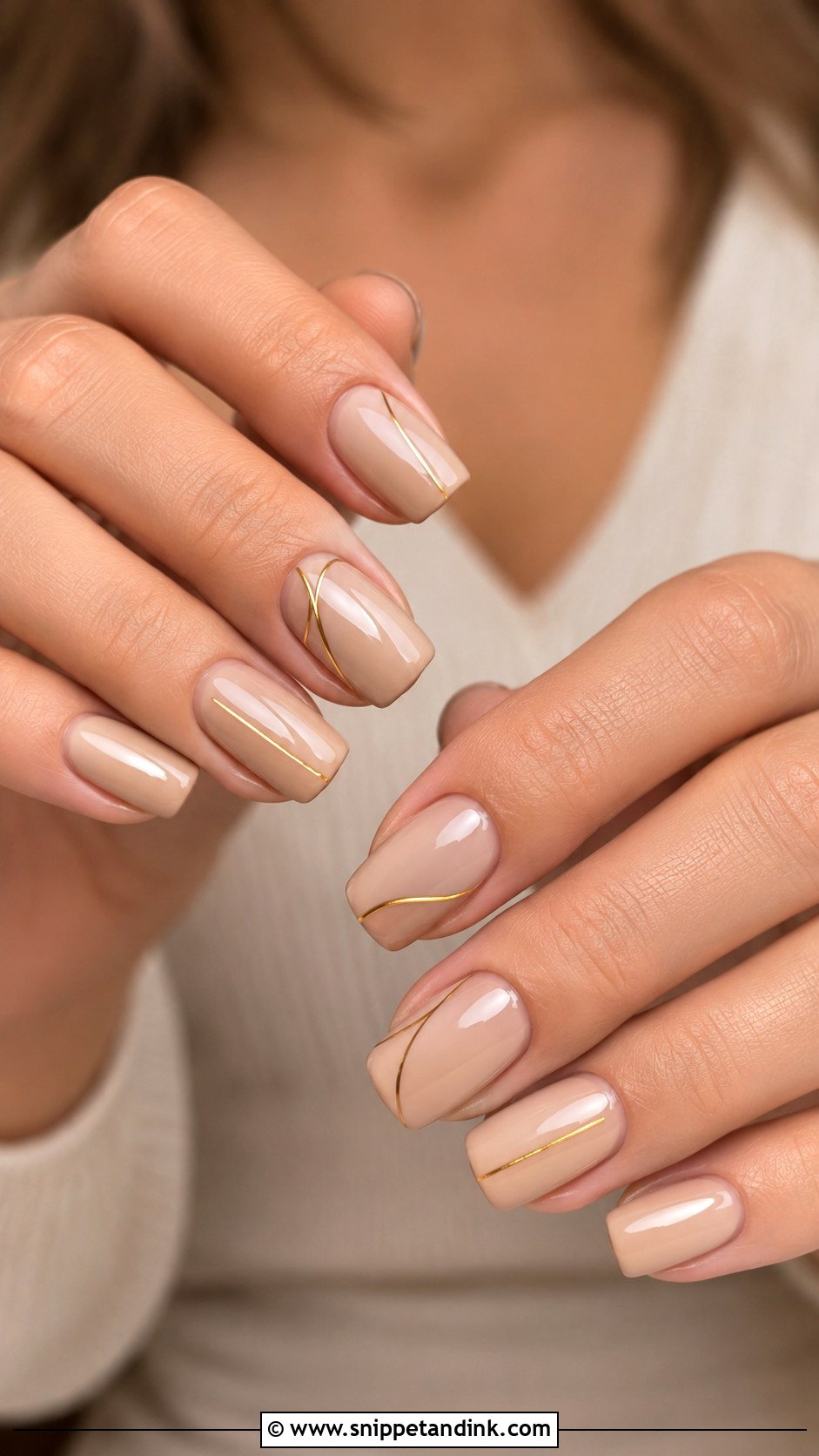 Nude Wedding Nails With Gold Lines - Snippet and Ink - 20 Nail Design for Wedding Ideas