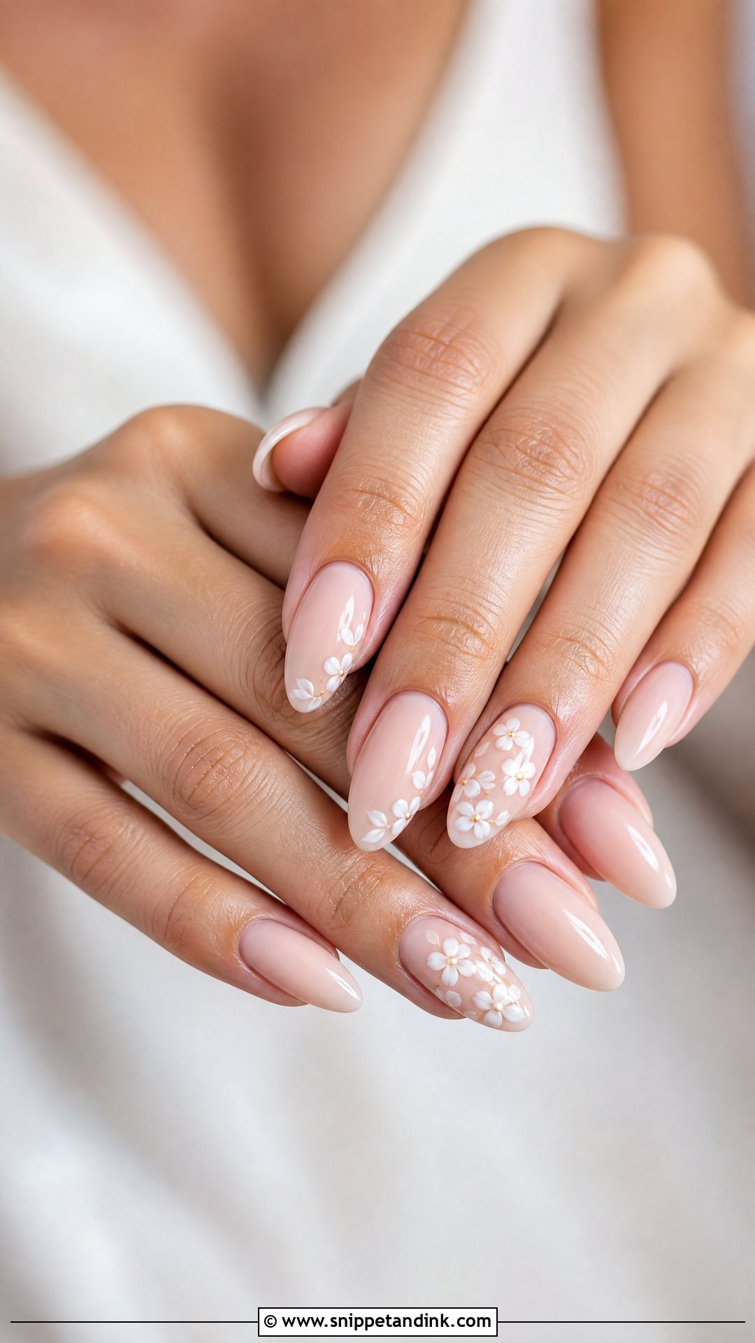 Nude Wedding Nails With White Flowers - Snippet and Ink - 25 Wedding Nail Art for Bride Ideas