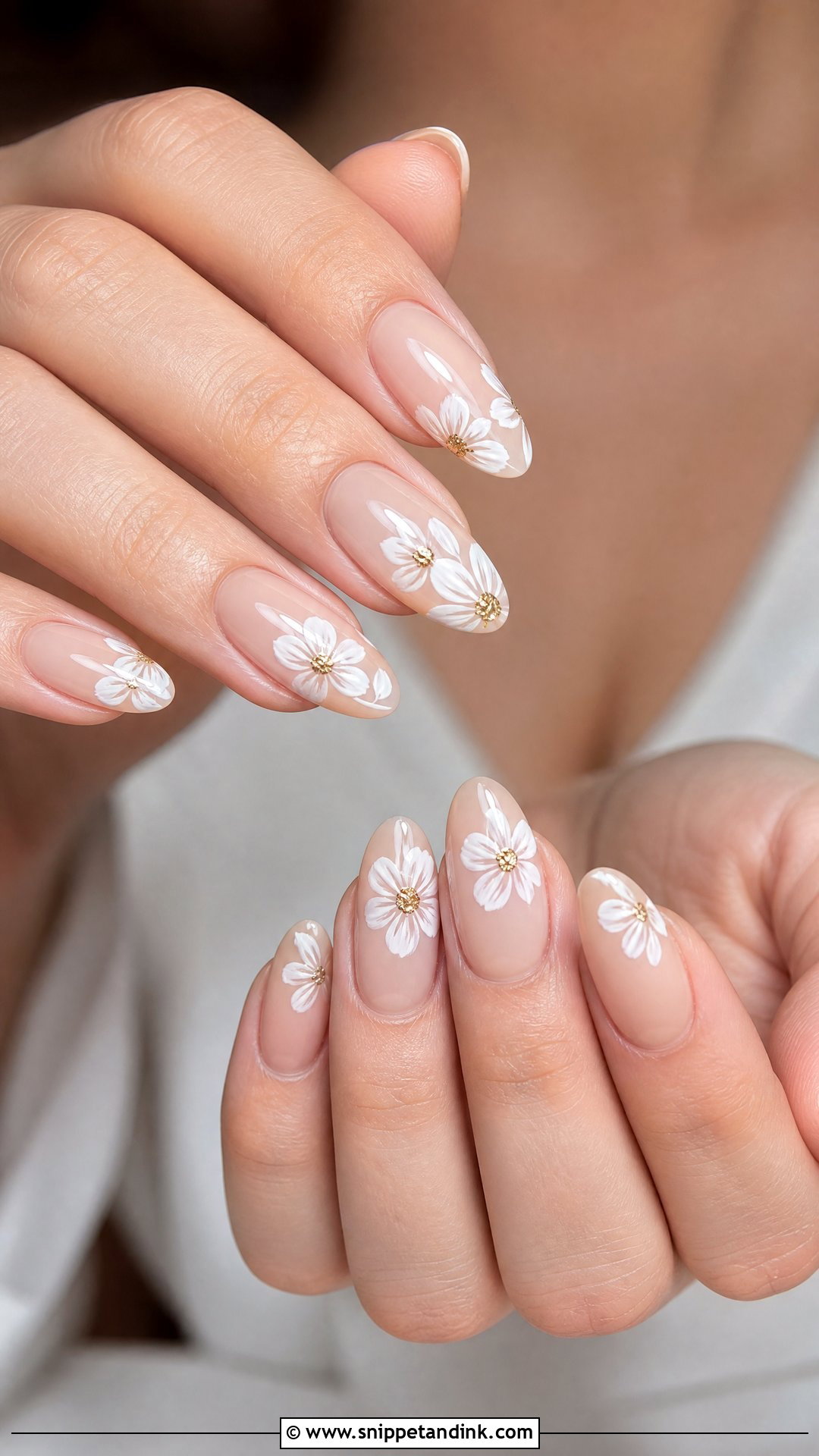 Nude Wedding Nails With White Flowers - Snippet and Ink - 35 Nail Art Wedding Ideas