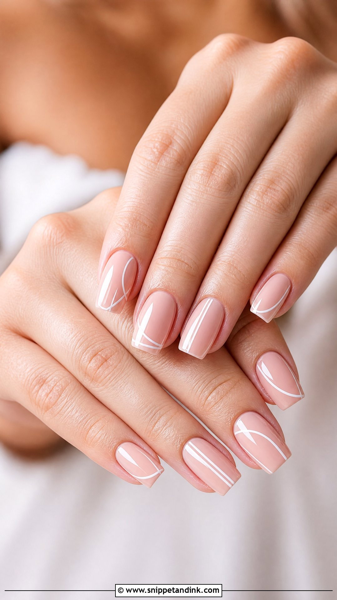Nude Wedding Nails With White Lines - Snippet and Ink - 25 Simple Wedding Nail Art Ideas