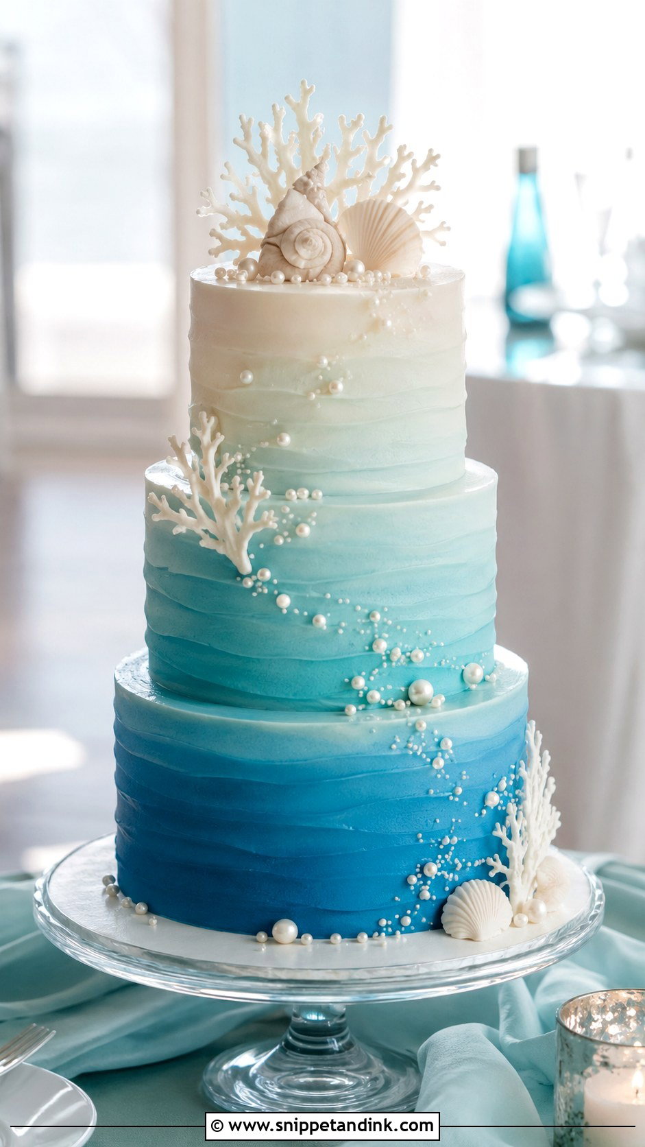 Ocean Blue Ombre Beach Wedding Cake - Snippet and Ink - 20 Beach Wedding Cake Ideas