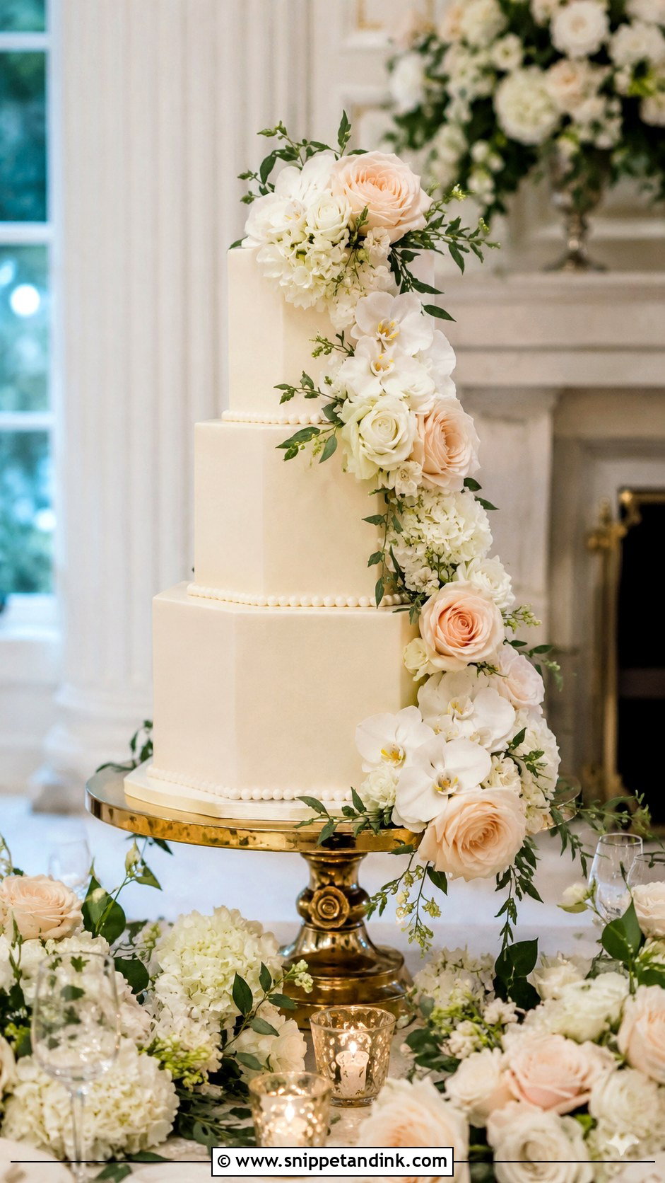 Octagon Wedding Cake With Cascading Flowers - Snippet and Ink - 20 Octagon Wedding Cake Ideas