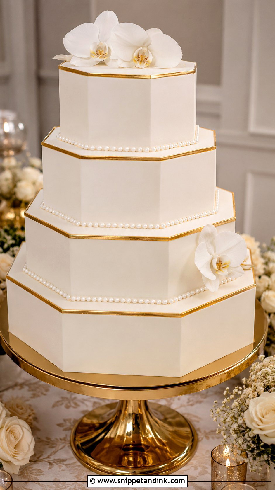 Octagon Wedding Cake With Gold Trim - Snippet and Ink - 20 Octagon Wedding Cake Ideas