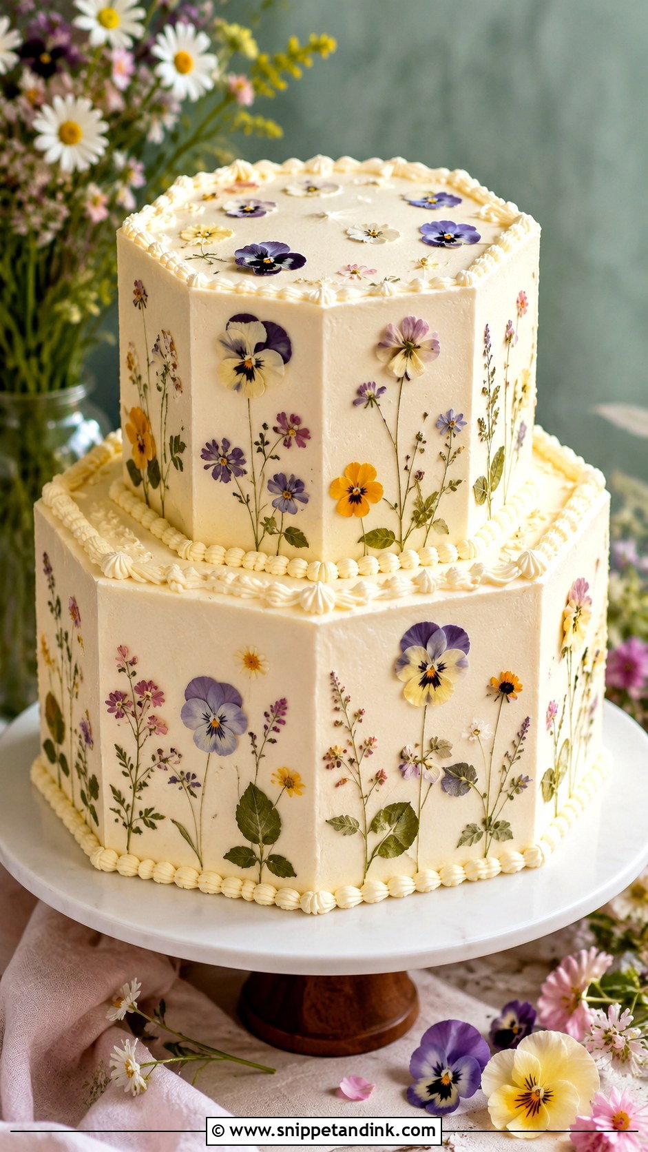 Octagon Wedding Cake With Pressed Flowers - Snippet and Ink - 20 Octagon Wedding Cake Ideas