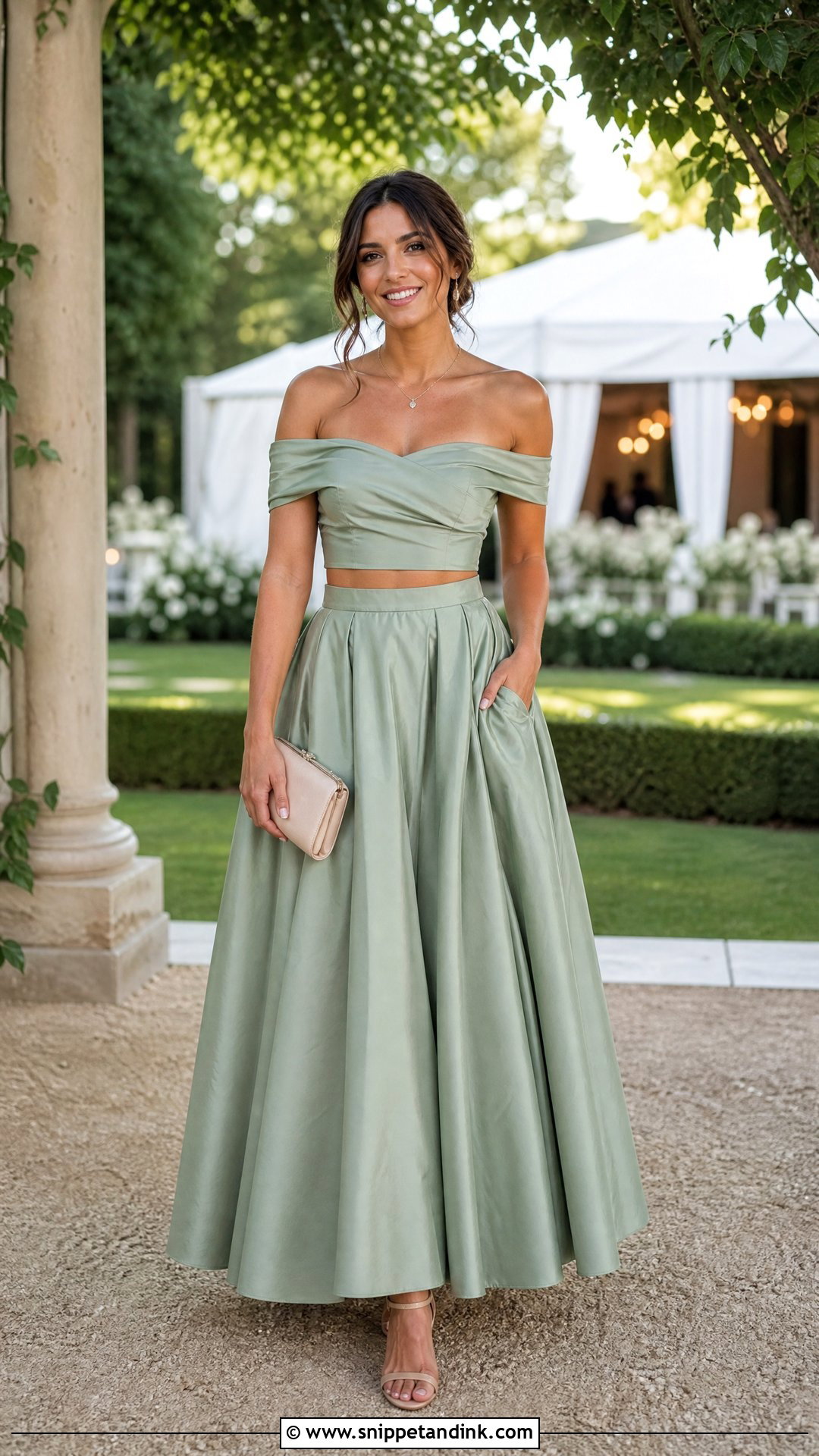 Off Shoulder Crop Top And Full Skirt Wedding Guest Outfit - Snippet and Ink - 20 crop top outfits for a wedding guest