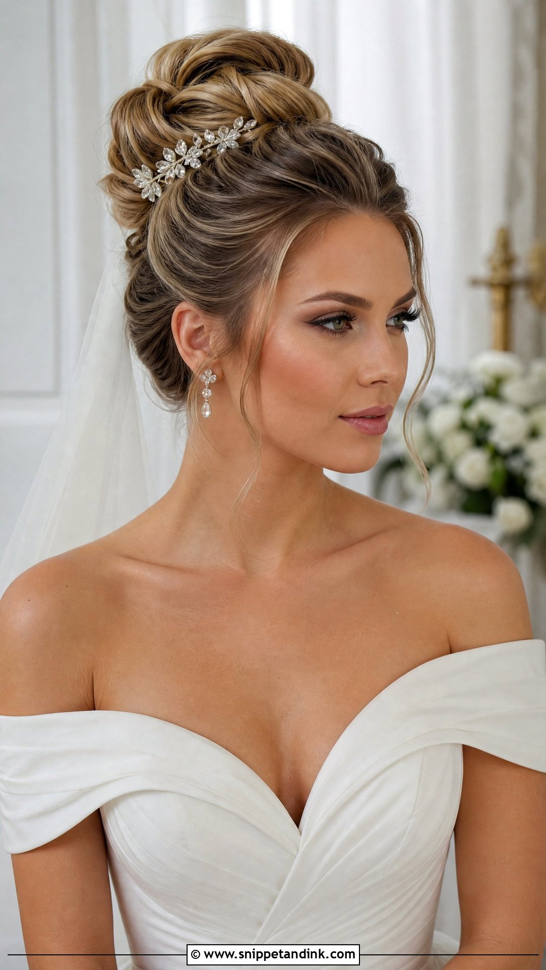 Off Shoulder Wedding High Bun - Snippet and Ink - 20 Off Shoulder Wedding Hairstyles
