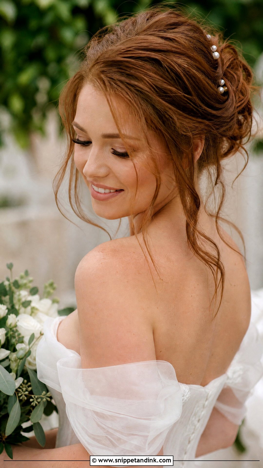 Off Shoulder Wedding Messy Bun - Snippet and Ink - 20 Off Shoulder Wedding Hairstyles