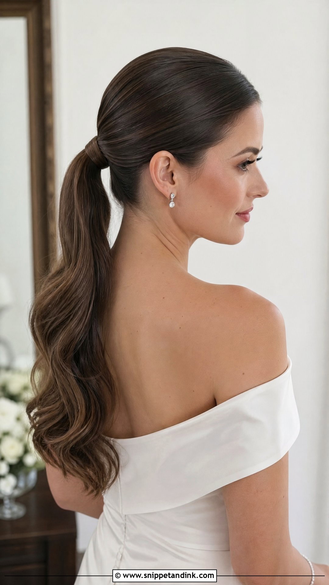 Off Shoulder Wedding Sleek Ponytail - Snippet and Ink - 20 Off Shoulder Wedding Hairstyles