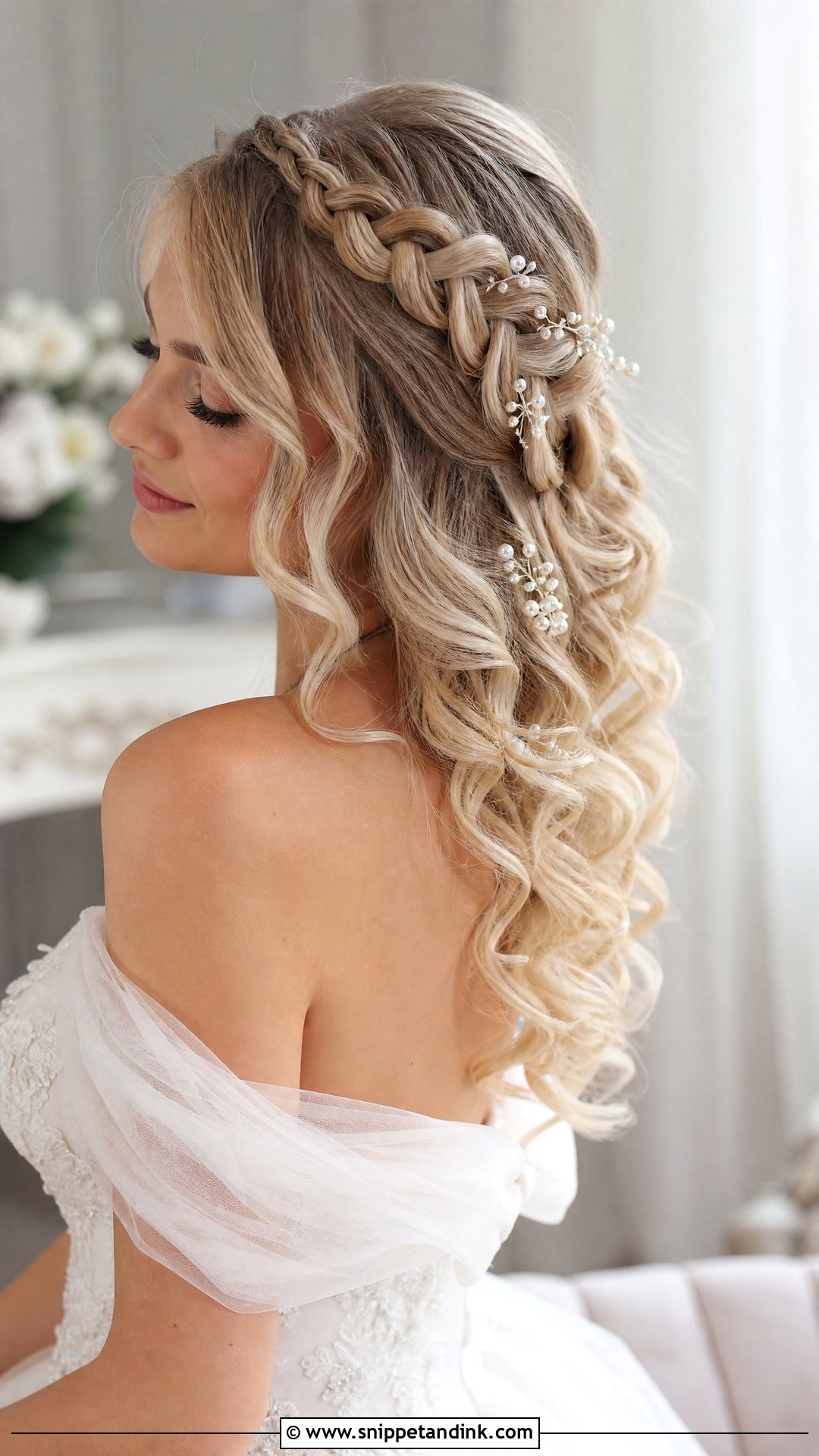 Off Shoulder Wedding Waterfall Braid - Snippet and Ink - 20 Off Shoulder Wedding Hairstyles