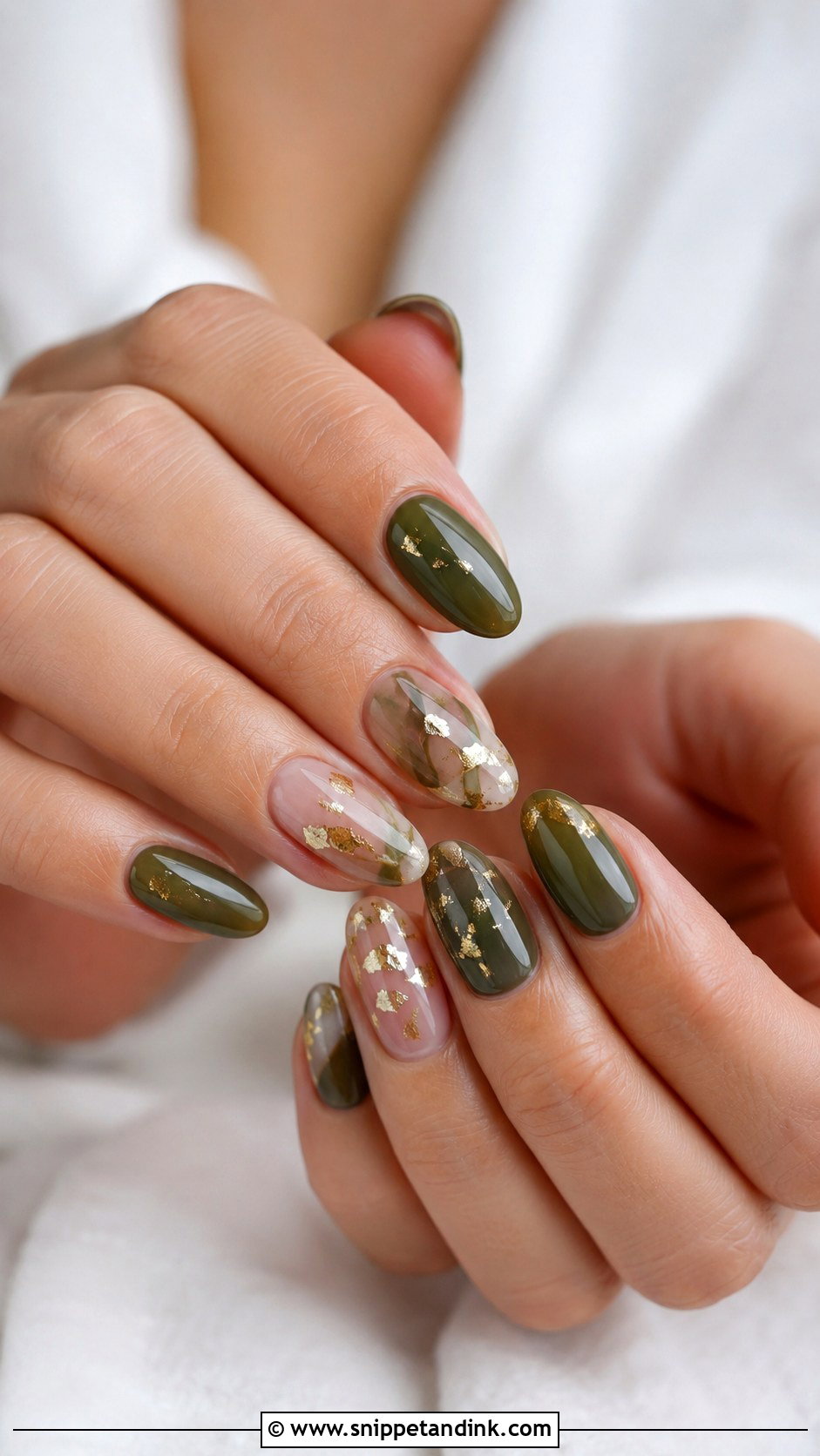 Olive Green Bridal Nails With Gold Foil - Snippet and Ink - 20 Green Bridal Nails
