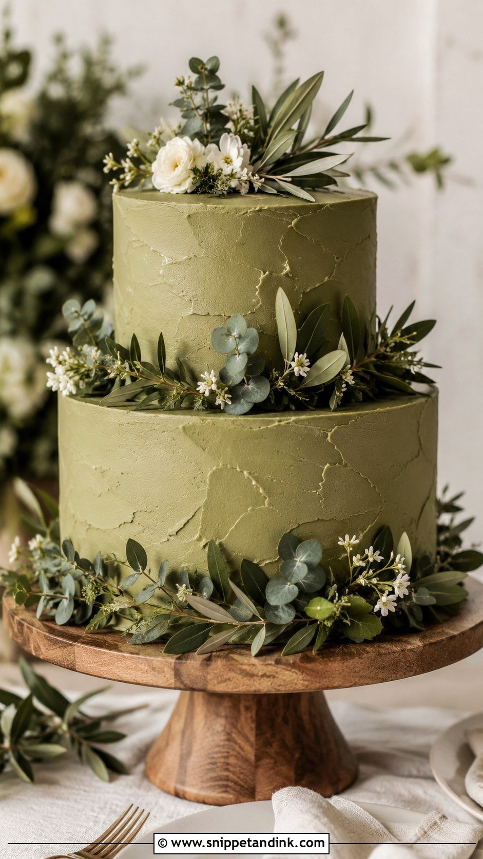 Olive Green Wedding Cake With Fresh Greenery - Snippet and Ink - 25 Elegant Green Wedding Cake Ideas