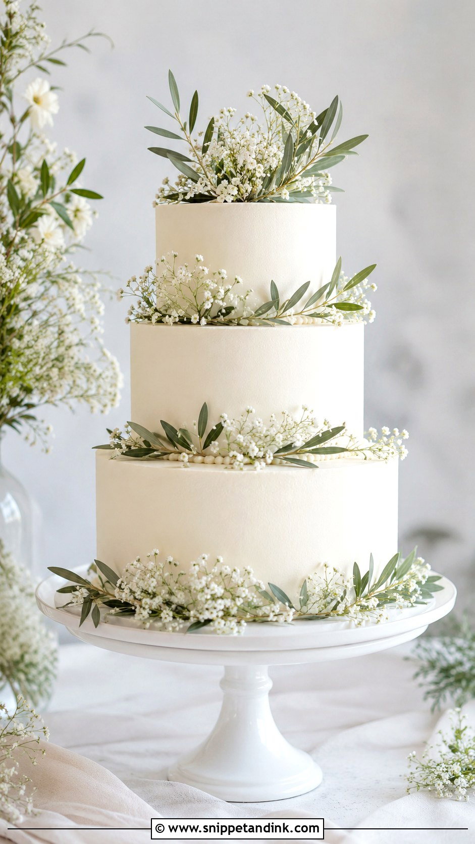 Olive Leaf And Baby Breath Wedding Cake - Snippet and Ink - 35 Olive Leaf Wedding Cake Ideas