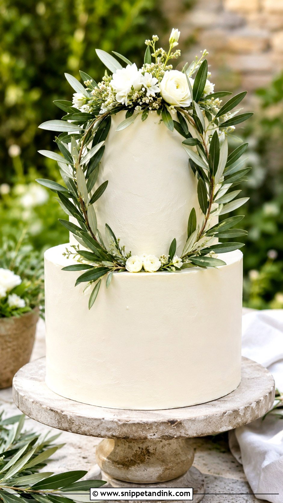 Olive Leaf And White Flower Wedding Cake - Snippet and Ink - 35 Olive Leaf Wedding Cake Ideas