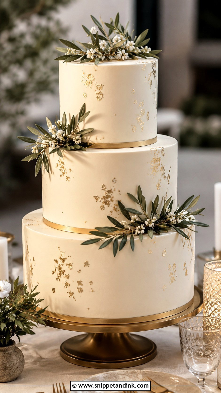 Olive Leaf Gold Wedding Cake - Snippet and Ink - 35 Olive Leaf Wedding Cake Ideas