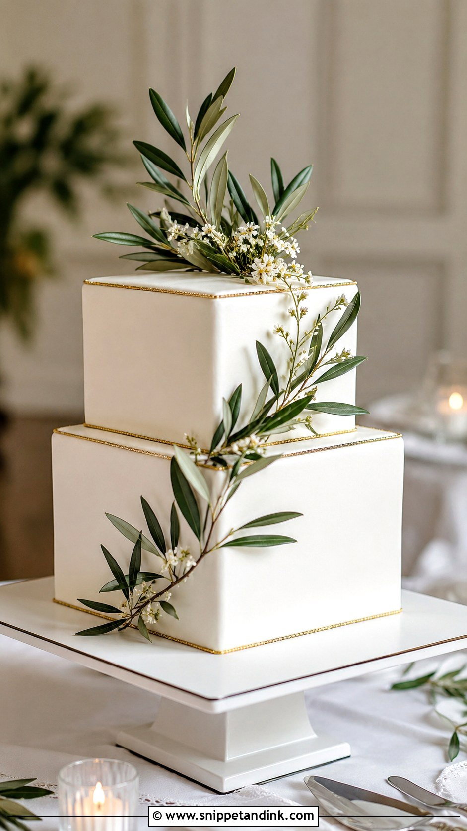 Olive Leaf Square Wedding Cake - Snippet and Ink - 35 Olive Leaf Wedding Cake Ideas