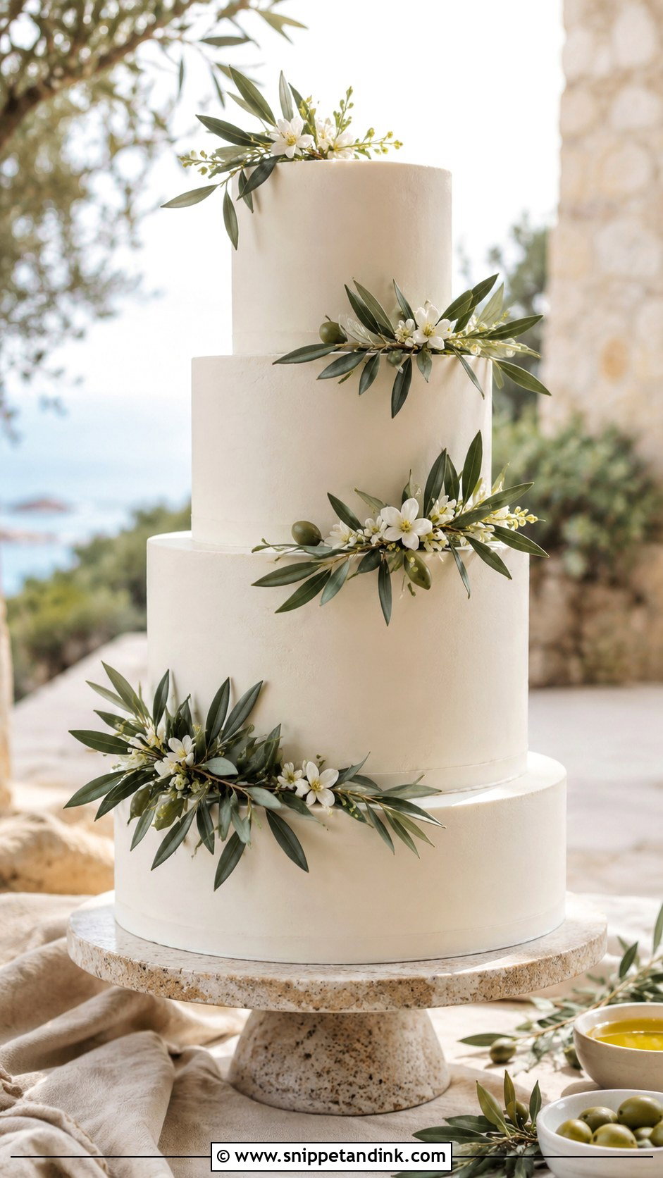 Olive Oil Wedding Cake With Olive Branches - Snippet and Ink - 20 Olive Oil Wedding Cake Ideas