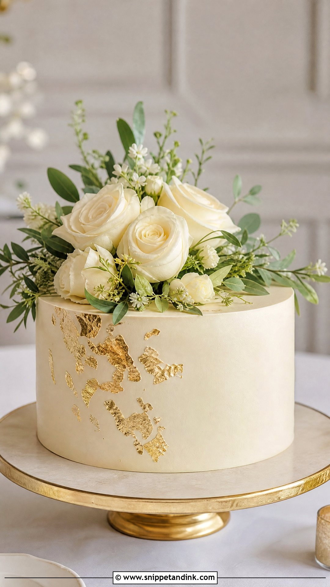 One Layer Wedding Cake With Gold Leaf - Snippet and Ink - 20 One Layer Wedding Cake Ideas