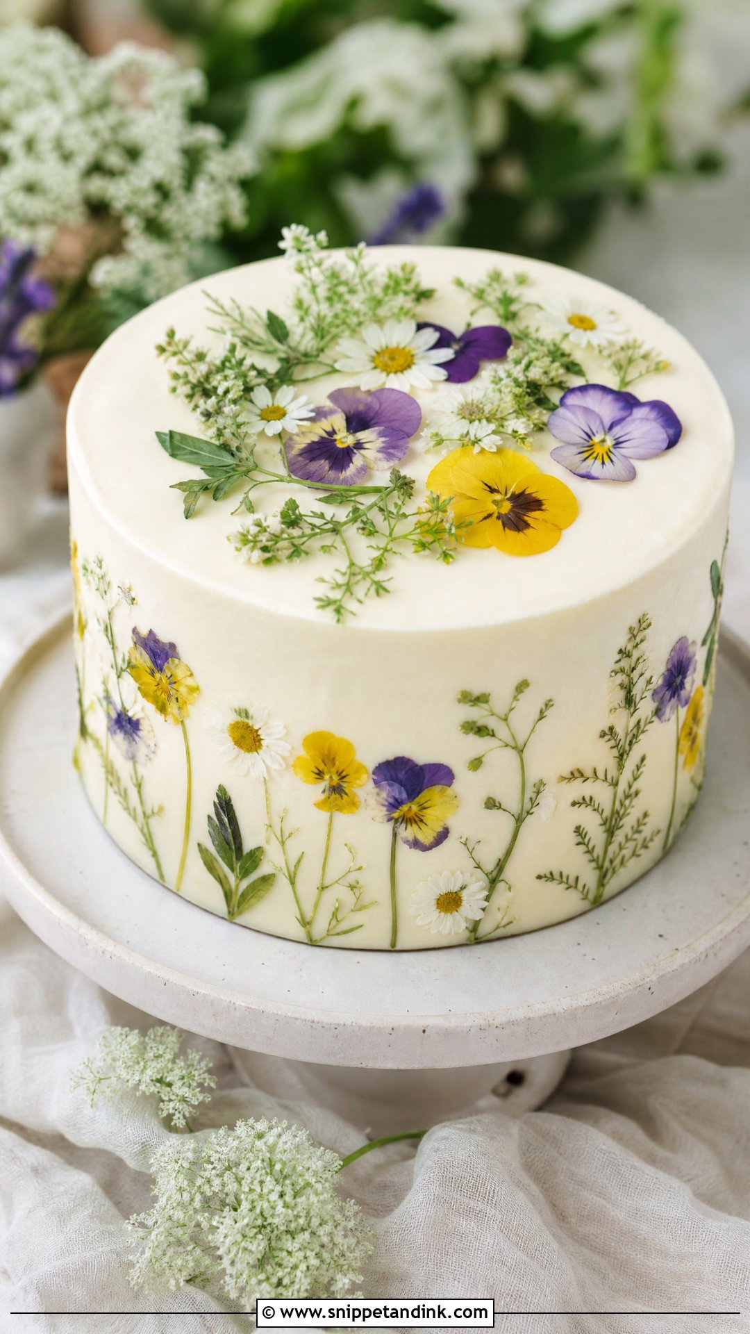 One Layer Wedding Cake With Pressed Flowers - Snippet and Ink - 20 One Layer Wedding Cake Ideas