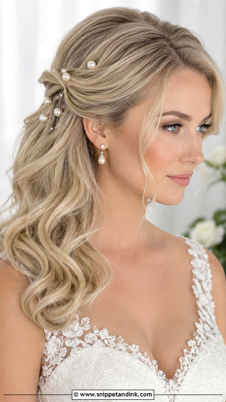 One Side Bridal Hair With Pearl Pins - Snippet and Ink - 15 One Side Bridal Hairstyle Ideas