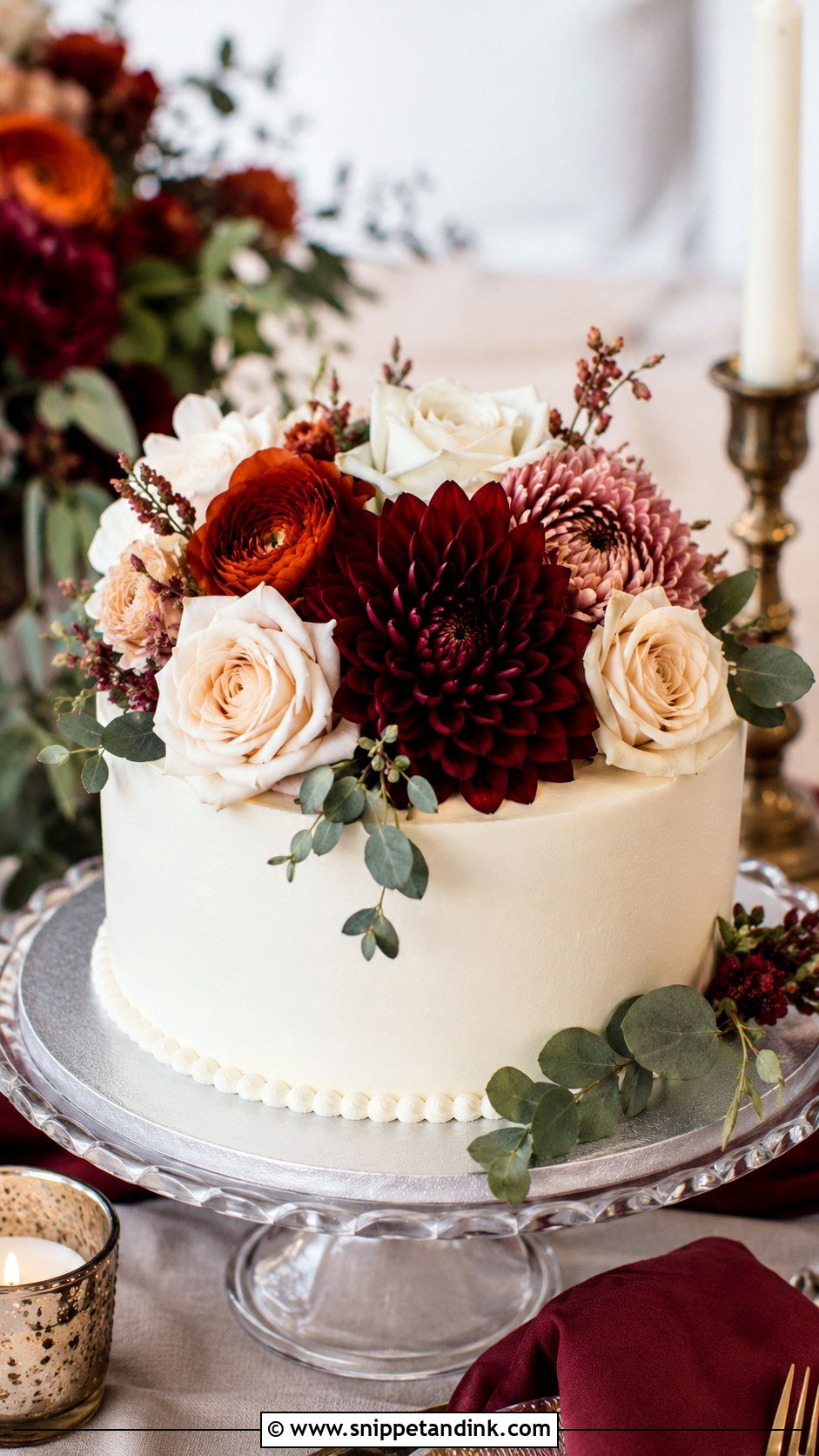 One Tier Burgundy Floral Wedding Cake - Snippet and Ink - 25 One Tier Fall Wedding Cake Ideas