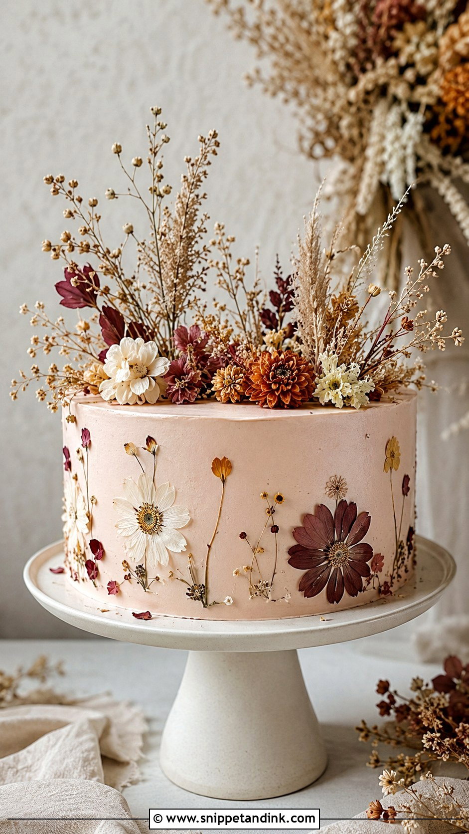 One Tier Dried Flower Wedding Cake - Snippet and Ink - 25 One Tier Fall Wedding Cake Ideas