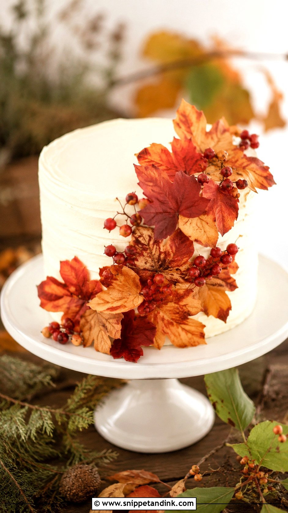 One Tier Fall Leaf Wedding Cake - Snippet and Ink - 25 One Tier Fall Wedding Cake Ideas