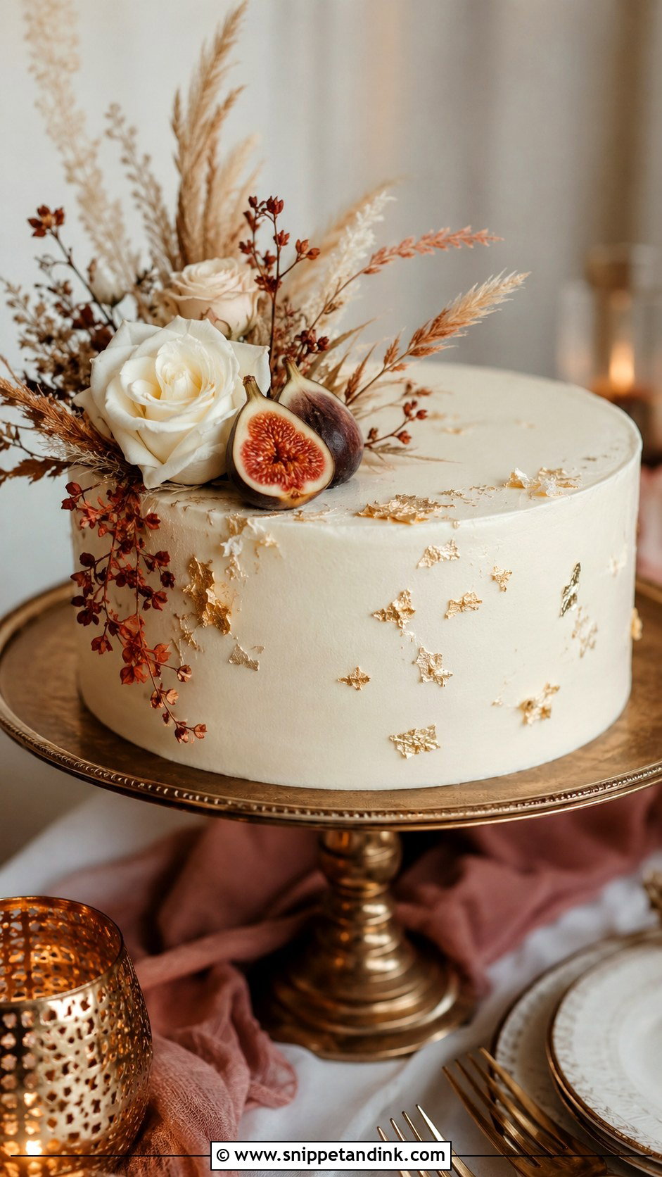 One Tier Gold Leaf Wedding Cake - Snippet and Ink - 25 One Tier Fall Wedding Cake Ideas