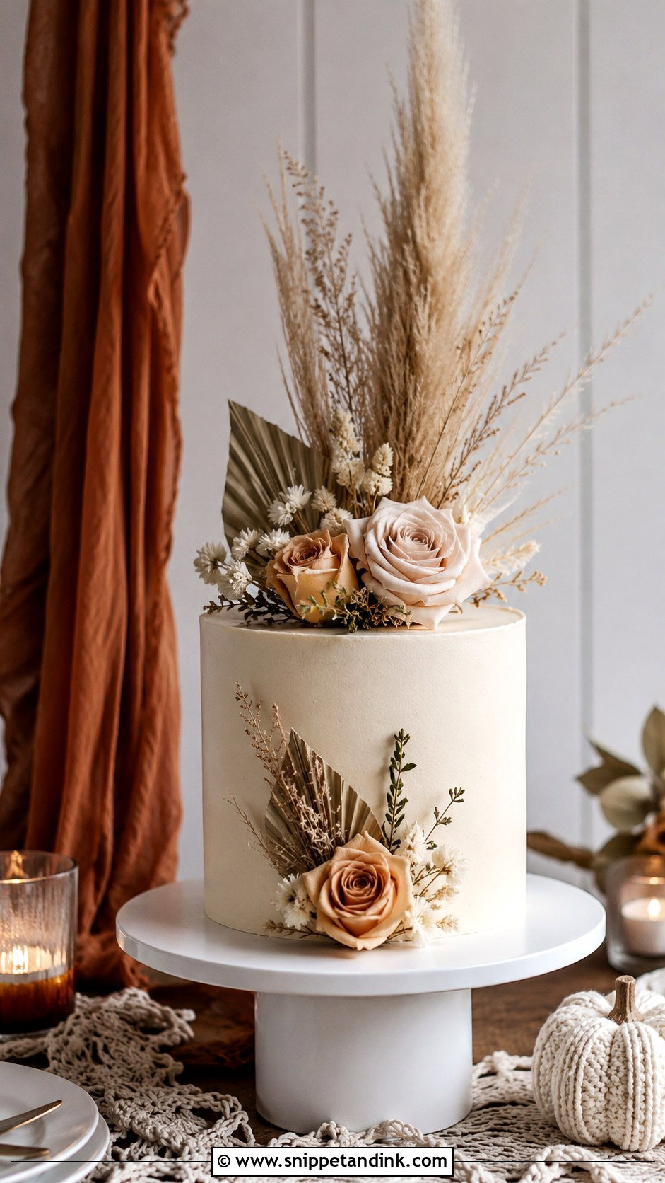 One Tier Pampas Grass Wedding Cake - Snippet and Ink - 25 One Tier Fall Wedding Cake Ideas