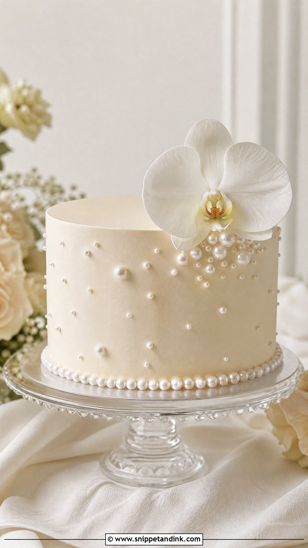 One Tier Pearl Wedding Cake - Snippet and Ink - 25 One Tier Wedding Cake Ideas