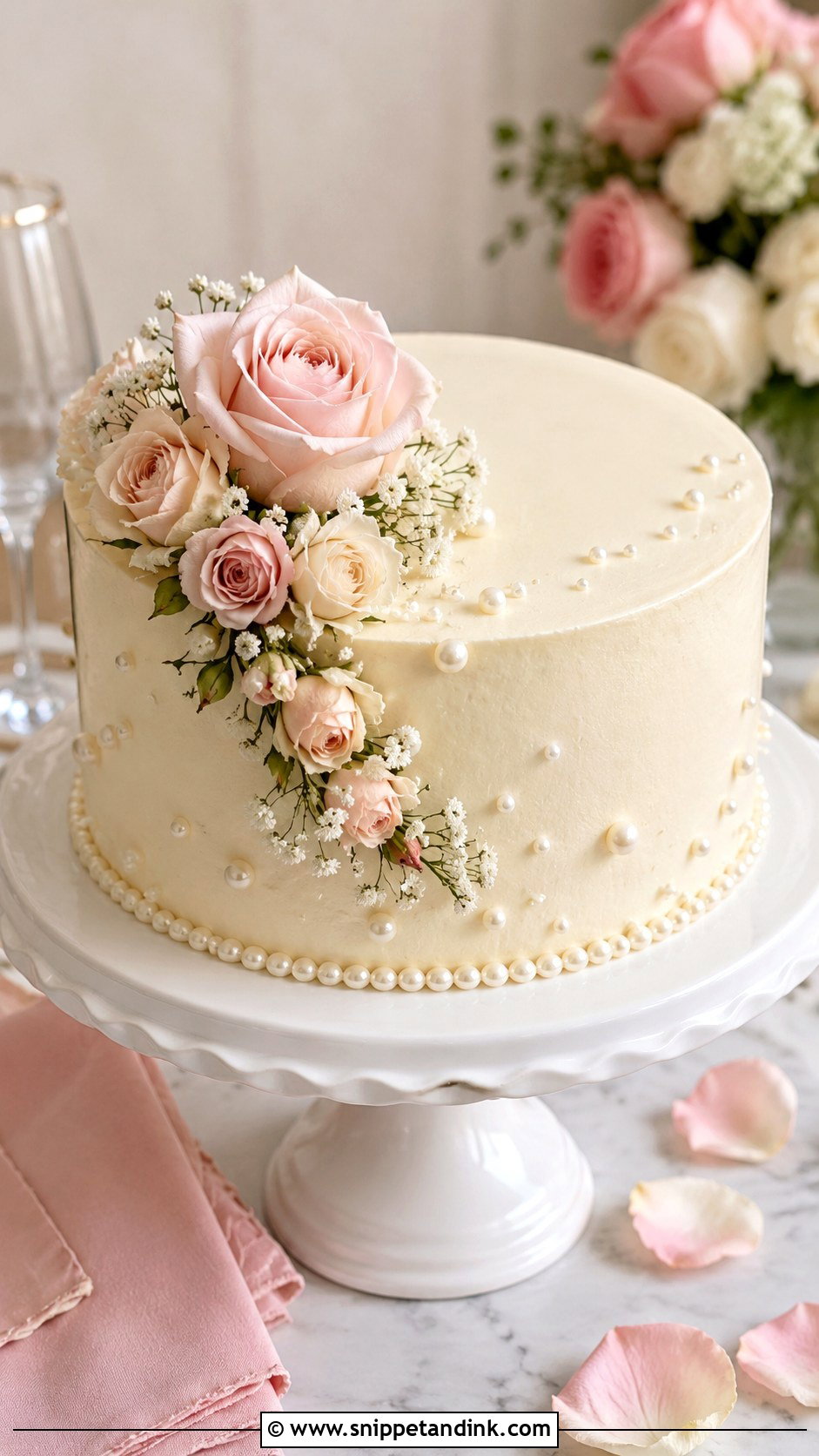 One Tier Pearl Wedding Cake With Blush Flowers - Snippet and Ink - 20 One Tier Pearl Wedding Cake Ideas