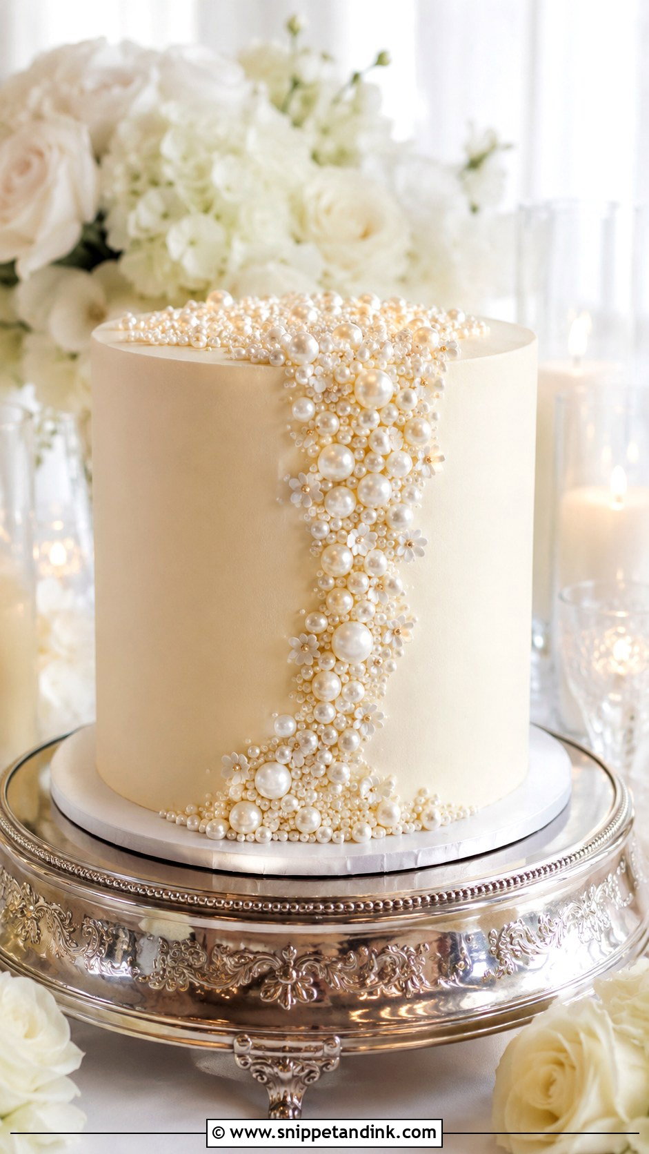 One Tier Pearl Wedding Cake With Cascade Pearls - Snippet and Ink - 20 One Tier Pearl Wedding Cake Ideas