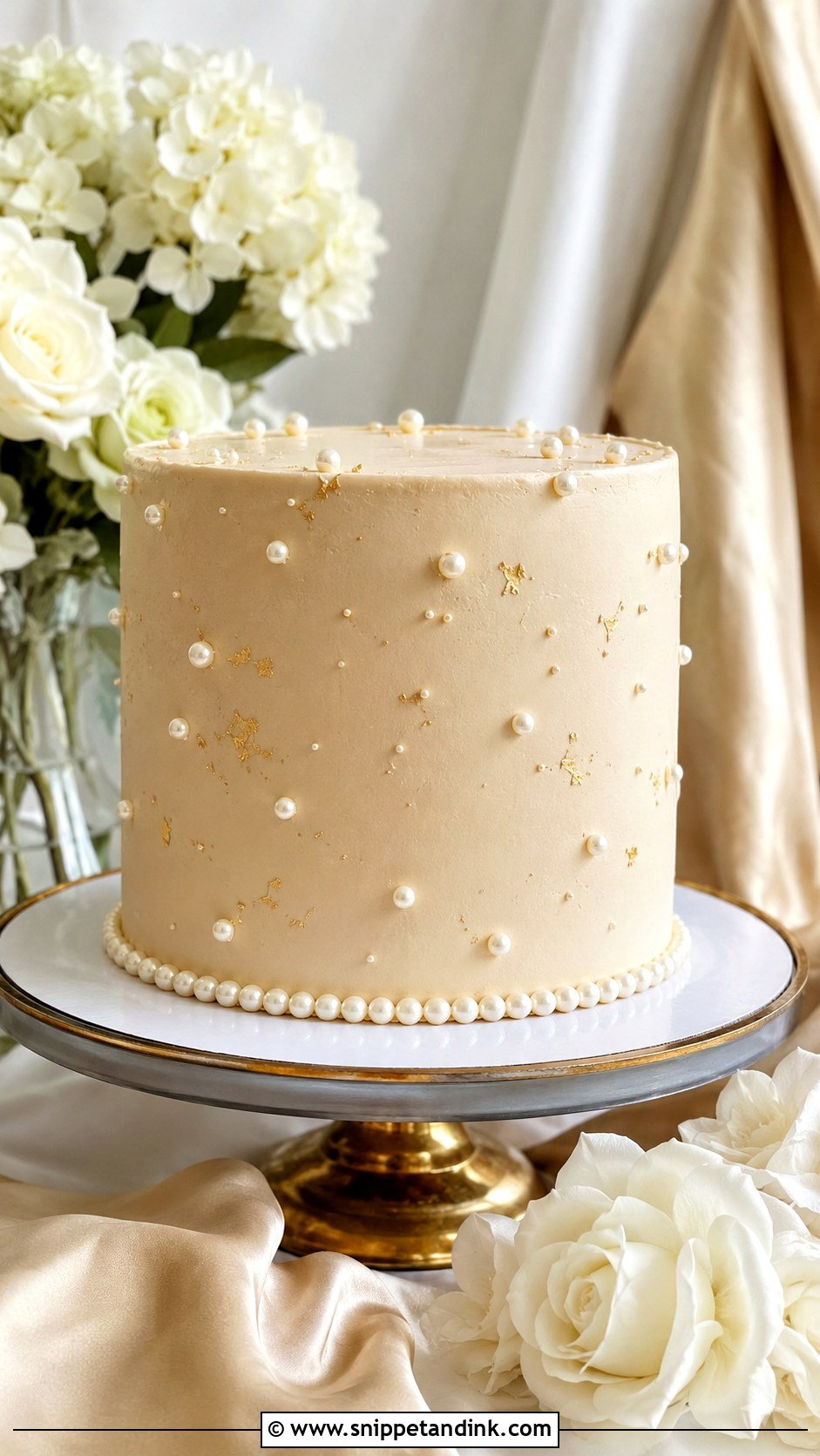 One Tier Pearl Wedding Cake With Champagne Color - Snippet and Ink - 20 One Tier Pearl Wedding Cake Ideas