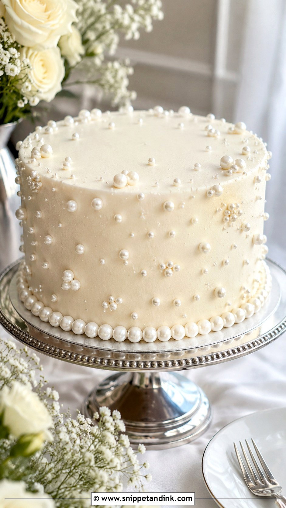 One Tier Pearl Wedding Cake With Edible Pearls - Snippet and Ink - 20 One Tier Pearl Wedding Cake Ideas